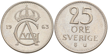 Швеция 25 эре 1962 Густав VI Адольф (1950-1973) KM 836 медно-никель UNC 187-835