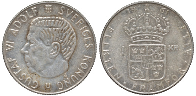 Швеция 1 крона 1961 U, Густав VI Адольф (1950-1973) KM 826 серебро 4178-744