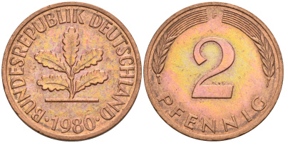 ФРГ 2 пфеннига 1980 F KM 106 сталь плакированная бронзой  UNC  4160-1157