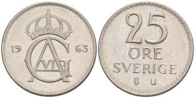 Швеция 25 эре 1962 Густав VI Адольф (1950-1973) KM 836 медно-никель UNC 187-835