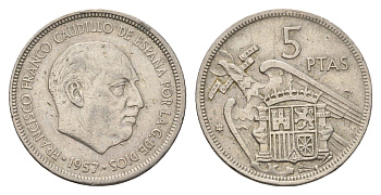 Испания 5 песет 1957 (71) Франсиско Франко (1939-1975) KM 786 медно-никель 4707-331