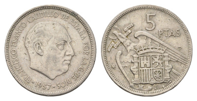 Испания 5 песет 1957 (71) Франсиско Франко (1939-1975) KM 786 медно-никель 4707-331