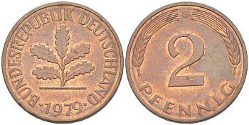ФРГ 2 ПФЕННИГА 1979 G KM 106а, J. 381а сталь плакированная сталь плакированная медьюю 4181-833