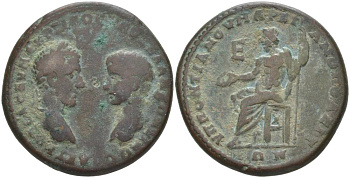 Римская Империя, Провинция Нижняя Мезия, Маркианополь пентассарий 241 - 244 Макрин и Диадумениан, бюсты императора и цезаря / Зевс, 11,44 гр rare медь 1073-22-65