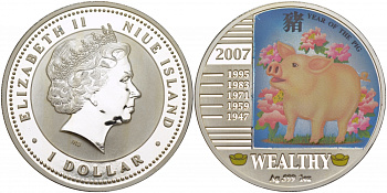Ниуэ 1 доллар 2007 год Свиньи, здоровый, цветная эмаль KM NEW серебро PROOF 1066-7-33