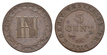 Вестфалия 3 сантима 1810 C, Жером Бонапарт (1807-1813), из коллекции Ричарда Б. Смита Smith 297, KM 93, ASK 41 медь 1525-1114