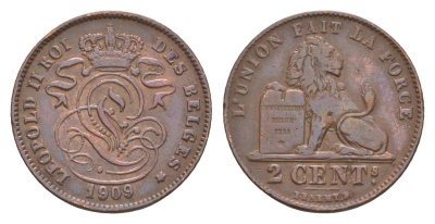 Бельгия 2 сантима 1909 Des Belges, Леопольд II (1865-1909) KM 35 медь 4658-758
