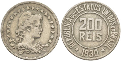 БРАЗИЛИЯ 200 РЕЙС 1930 ГОЛОВА СВОБОДЫ ВПРАВО KM 519 медно-никель 4529-554