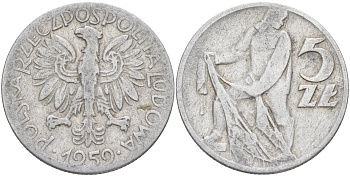 Польша 5 злотых 1959 MW, рыбак KM 47 алюминий 4542-733