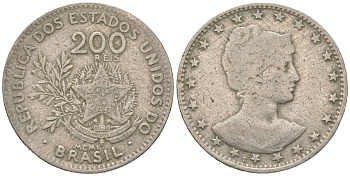 Бразилия 200 реалов 1901 MCMI, голова свободы вправо KM 504 медно-никель 4612-255