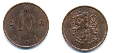 Финляндия 10 пенни 1937 KM 24 медь 51-5635