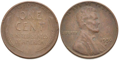 США 1 ЦЕНТ 1956 D, ЛИНКОЛЬН KM А132 медь цинк 218-655
