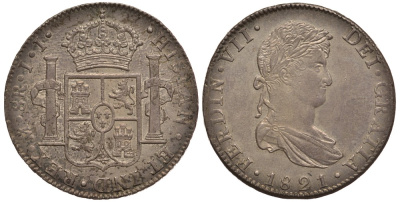 Мексика 8 реалов 1821 JJ, монетный двор Mo (Мехико Сити), Фердинанд VII Испанский (1808-1821) KM 111 серебро 00-000-00