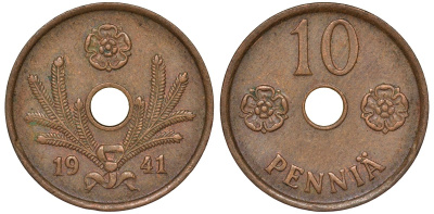 Финляндия 10 пенни 1941 KM 33.1 медь 51-3533
