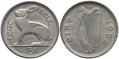 Ирландия 3 пенса 1968 заяц KM 12а медно-никель 4387-1047