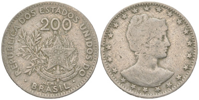 Бразилия 200 реалов 1901 MCMI, голова свободы вправо KM 504 медно-никель 4612-255