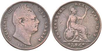 Великобритания 1 фартинг 1835 Вильгельм IV (1830-1837) KM 705, Spink 3848 медь 4613-365