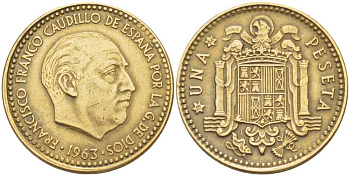 Испания 1 песета 1963 (64) Франсиско Франко (1939-1975) KM 775 алюминиевая бронза 213-134