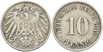 Германия 10 пфеннигов 1913 F KM 12, Jager 13, Weege 8 медно-никель 219-234