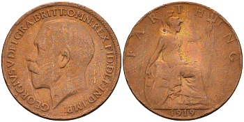Великобритания 1 фартинг 1919 Георг V (1910-1936) KM 808.2 Spink 4060 бронза 4594-125