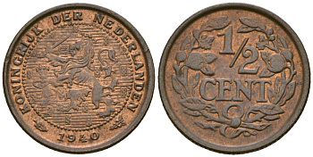 Нидерланды 1/2 цента 1940 Вильгельмина (1890-1948) KM 138 бронза 4169-458
