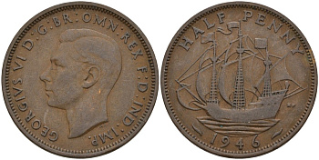 Великобритания 1/2 пенни 1946 Георг VI (1936-1952) KM 844, Spink 4115 бронза 4146-237