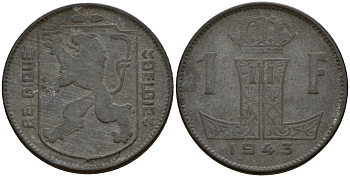 Бельгия 1 франк 1943 Belgique - Belgie, Леопольд III (1934-1947), германская оккупация, Вторая мировая война KM 127 цинк 4161-521