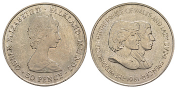 Фолклендские острова (Фолкленды) 50 пенсов 1981 Свадьба Принца Чарльза и Леди Дианы KM 16 медно-никель BU 4537-1011