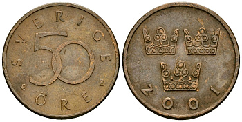 Швеция 50 эре 2001 Карл XVI Густав (1973- ) KM 878 бронза 4173-1049
