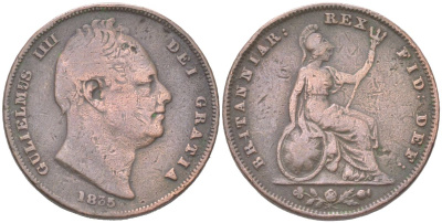 Великобритания 1 фартинг 1835 Вильгельм IV (1830-1837) KM 705, Spink 3848 медь 4613-365