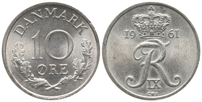ДАНИЯ 10 ЭРЕ 1962 C; S, ФРЕДЕРИК IX (1947-1972) KM 849.1 медно-никель 100-1142
