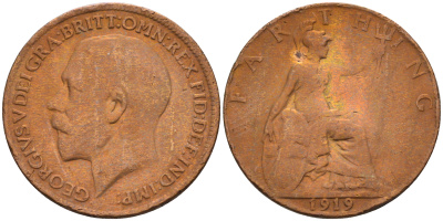 Великобритания 1 фартинг 1919 Георг V (1910-1936) KM 808.2 Spink 4060 бронза 4594-125