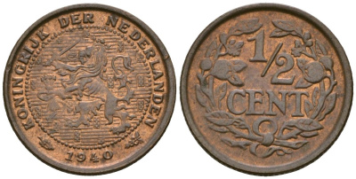Нидерланды 1/2 цента 1940 Вильгельмина (1890-1948) KM 138 бронза 4169-458