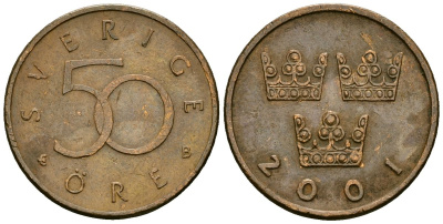 Швеция 50 эре 2001 Карл XVI Густав (1973- ) KM 878 бронза 4173-1049