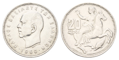 Греция 20 драхм 1960 Павел I (1947-1964) KM 85 серебро 4670-334