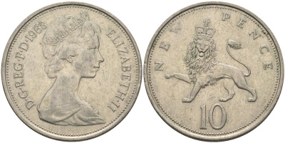 Великобритания 10 пенсов 1968 Елизавета II (1952-2022) KM 912, Spink 4231 (F1) медно-никель 4683-415
