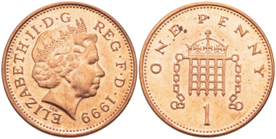 Великобритания 1 пенни 1999 Елизавета II (1952-2022) KM 986, Spink 4710 (B5) сталь плакированная медью UNC 112-1036