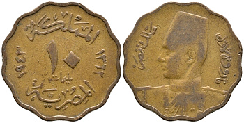ЕГИПЕТ 10 МИЛЛИМОВ 1943 FAROUK (1355-1372) (1936-1952) KM 361 бронза 34-813