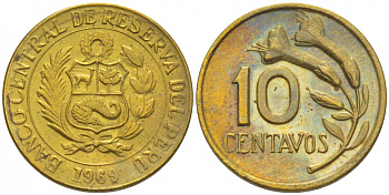 ПЕРУ 10 СЕНТАВО 1969 ЦВЕТОК KM 245.2 латунь 3309-647