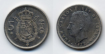 Испания 5 песет 1975 (78) Хуан Карлос I (1975-2014) KM 807 медно-никель 54-1811