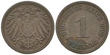 Германия 1 пфенниг 1900 D, Вильгельм II (1888-1918) KM 10, J. 10, Weege 2 медь 4615-216