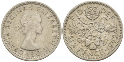 Великобритания 6 пенсов 1962 Елизавета II (1952-2022) KM 903, Spink 4149 медно-никель 4392-311
