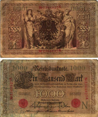 ГЕРМАНИЯ 1000 МАРОК 1910 21 АПРЕЛЯ 1910, СЕМИЗНАЧНЫЙ НОМЕР, КРАСНАЯ Pick 45b бумага 7219-16-1