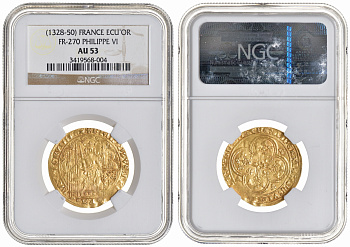 Франция экю де ор (1349) Филипп VI, 6-ая эмиссия, в слабе NGC AU 53 Duplessy 249 D, Fb. 270 золото 00-00