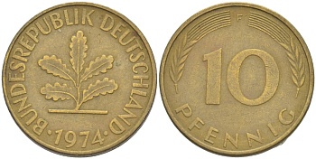 ФРГ 10 ПФЕННИГОВ 1974 F KM 108, J. 383 сталь плакированная латунью 4182-837