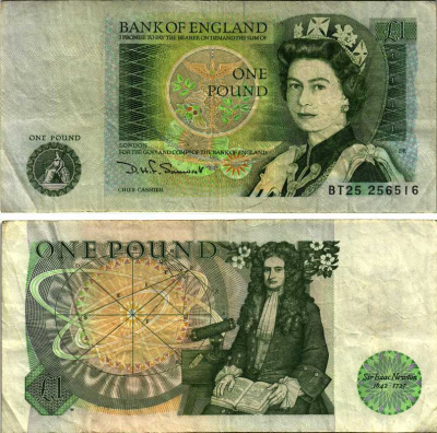 Англия 1 фунт ND (1978-1984) сэр Исаак Ньютон, черная подпись D.H.F. Somerset Pick 377 b бумага 7205-50-3-2