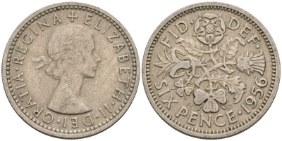 Великобритания 6 пенсов 1956 Елизавета II (1952-2022) KM 903, Spink 4149 медно-никель 4596-1038