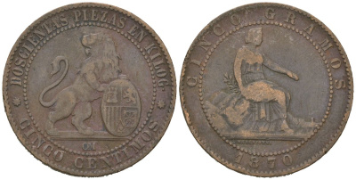 Испания 5 сентимо 1870 ОМ, лев со щитом KM 662 бронза 92-1016