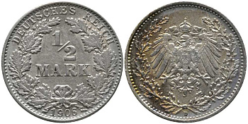ГЕРМАНИЯ 1/2 МАРКИ 1906 D KM 17, J. 16, Weege 16 серебро 4448-746