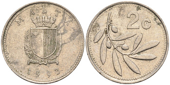 Мальта 2 цента 1993 оливковая ветвь KM 94 медно-никель 187-543